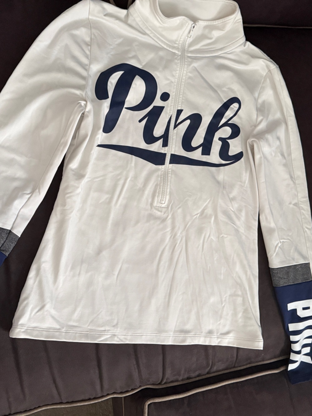 PINK Victoria's Secret White & Navy Half-Zip Top